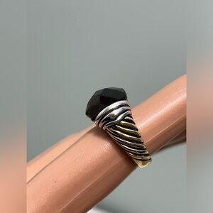 Sterling Silver - ADI Signed Black  Stone Solitaire Ring Size 6 Two Tone